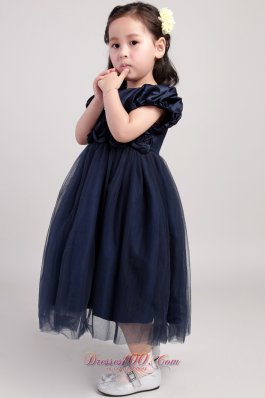 Hand Made Flower Sleeves Little Girl Dress Navy Blue