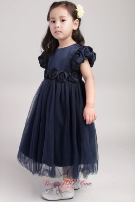 Hand Made Flower Sleeves Little Girl Dress Navy Blue