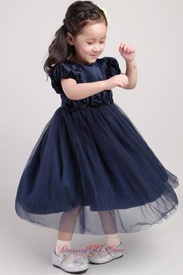 Hand Made Flower Sleeves Little Girl Dress Navy Blue