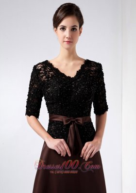 Lace V Neck Beading Brown Bridal Mother Dress