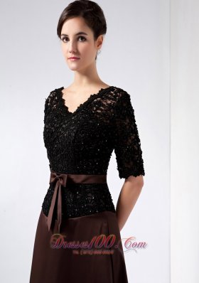 Lace V Neck Beading Brown Bridal Mother Dress