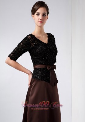 Lace V Neck Beading Brown Bridal Mother Dress