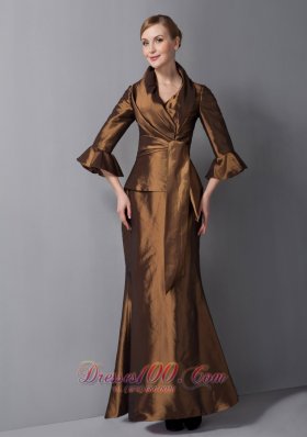Ankle-length V-neck Brown Mother Dress with Jacket
