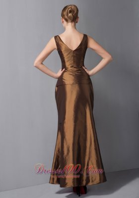 Ankle-length V-neck Brown Mother Dress with Jacket