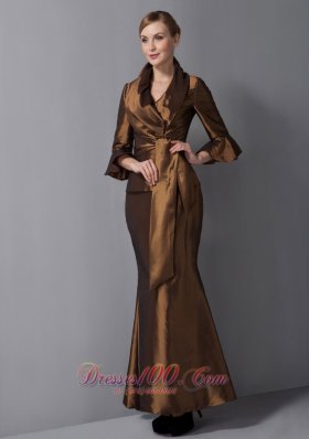 Ankle-length V-neck Brown Mother Dress with Jacket