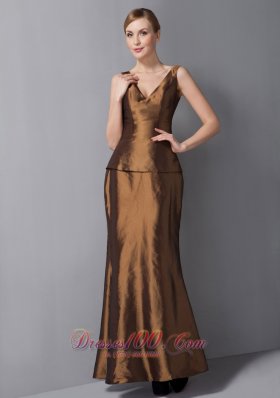 Ankle-length V-neck Brown Mother Dress with Jacket