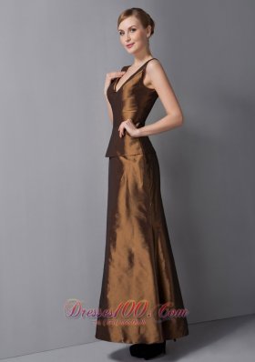 Ankle-length V-neck Brown Mother Dress with Jacket