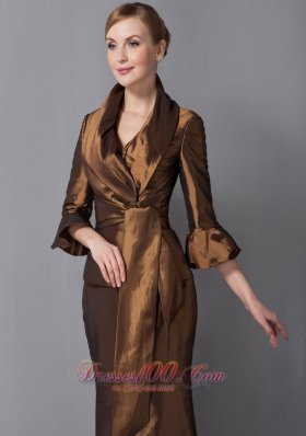 Ankle-length V-neck Brown Mother Dress with Jacket