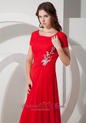 Square Short Sleeves Brush Red Prom Dress Chiffon