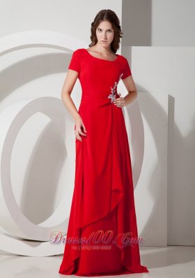 Square Short Sleeves Brush Red Prom Dress Chiffon