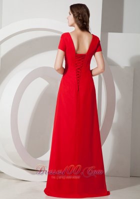 Square Short Sleeves Brush Red Prom Dress Chiffon