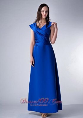 Satin Ankle-length V-neck Royal Bridesmaid Dress Ruched