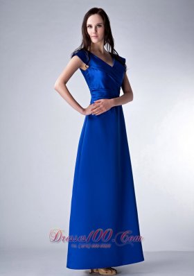 Satin Ankle-length V-neck Royal Bridesmaid Dress Ruched