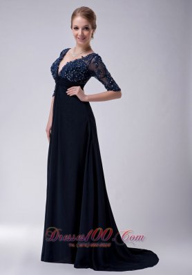 Half Sleeves Brush Navy V-neck Chiffon Mother Dress