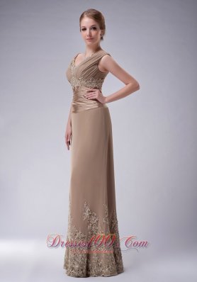 V-neck Champagne Chiffon Mother Dress with Appliques