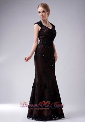 Taffeta V-neck Appliques Brown Mother Of The Bride Dress