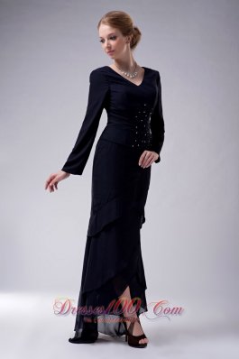High-low Long Sleeves Navy V-neck Mother Dress