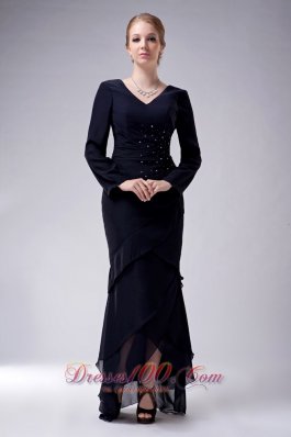 High-low Long Sleeves Navy V-neck Mother Dress