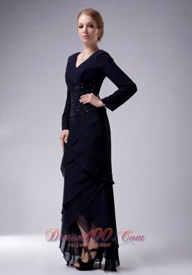 High-low Long Sleeves Navy V-neck Mother Dress