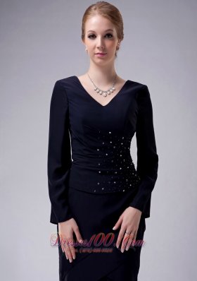 High-low Long Sleeves Navy V-neck Mother Dress