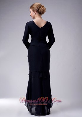 High-low Long Sleeves Navy V-neck Mother Dress