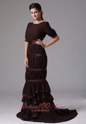 Brown Mermaid Scoop Ruffled Layeres Mother Of The Dress