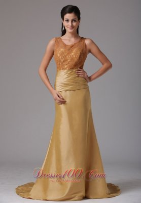 Gold Scoop Ruch and Lace Prom Gown
