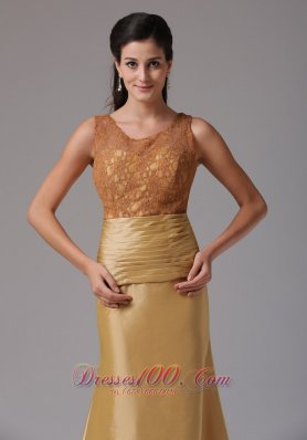 Gold Scoop Ruch and Lace Prom Gown