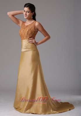 Gold Scoop Ruch and Lace Prom Gown