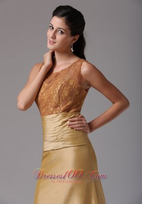 Gold Scoop Ruch and Lace Prom Gown