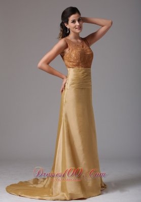 Gold Scoop Ruch and Lace Prom Gown