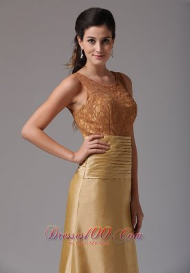 Gold Scoop Ruch and Lace Prom Gown