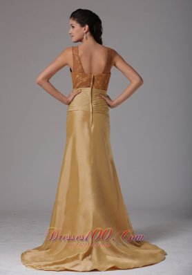 Gold Scoop Ruch and Lace Prom Gown