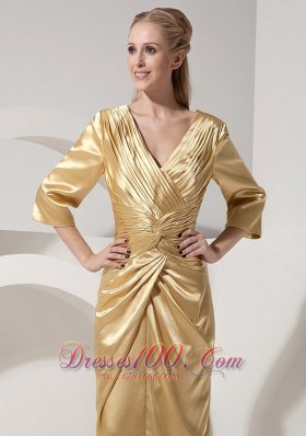 Gold V-neck Evening Dress Taffeta Ruch