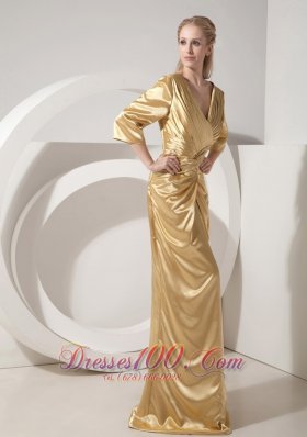 Gold V-neck Evening Dress Taffeta Ruch