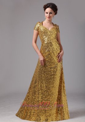 Gold Paillette Over Skirt Cap Sleeves Prom Dress