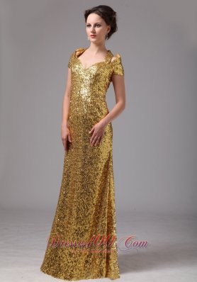 Gold Paillette Over Skirt Cap Sleeves Prom Dress