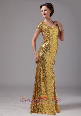 Gold Paillette Over Skirt Cap Sleeves Prom Dress