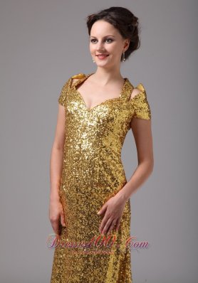 Gold Paillette Over Skirt Cap Sleeves Prom Dress