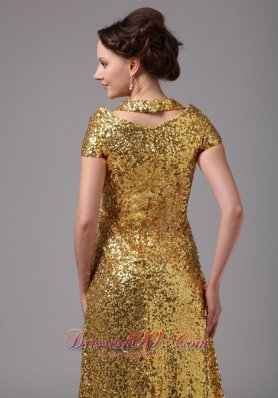 Gold Paillette Over Skirt Cap Sleeves Prom Dress