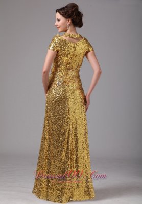 Gold Paillette Over Skirt Cap Sleeves Prom Dress