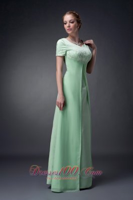 Apple Green A-line V-neck Motb Dress Chiffon Beading