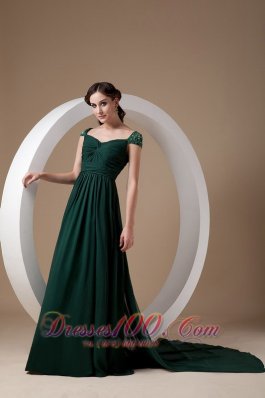 Dark Green Empire Evening Dress Square Chiffon Beading