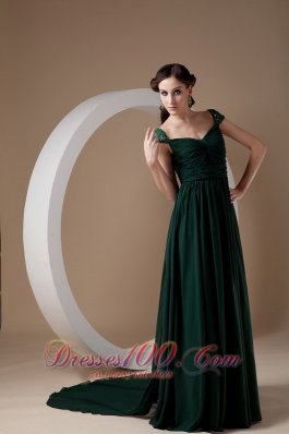 Dark Green Empire Evening Dress Square Chiffon Beading