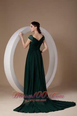 Dark Green Empire Evening Dress Square Chiffon Beading