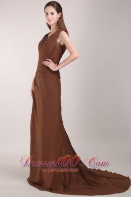 Brown V-neck Brush Train Chiffon Beading Mom's Dress