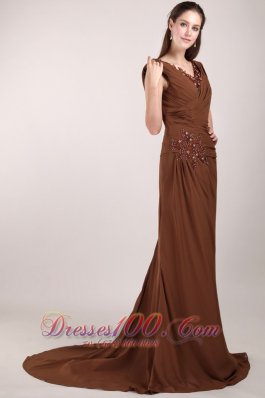 Brown V-neck Brush Train Chiffon Beading Mom's Dress