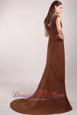 Brown V-neck Brush Train Chiffon Beading Mom's Dress