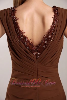 Brown V-neck Brush Train Chiffon Beading Mom's Dress