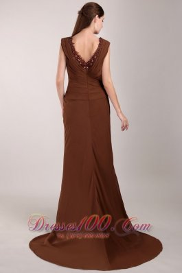 Brown V-neck Brush Train Chiffon Beading Mom's Dress